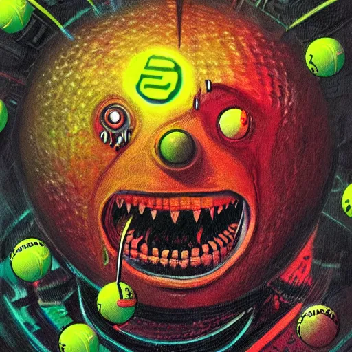 Prompt: a tennis ball monsters, cyberpunk, colorful, digital art, fantasy, magic, trending on artstation, ultra detailed, professional illustration by Basil Gogos
