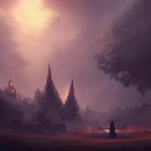 Image similar to great funeral for a fallen lord knight, many small trees and bushes in fire on background, night scene, angel flying down from sky, victorian town far away, high details, high quality, cinematic, fantasy, trending on artstation