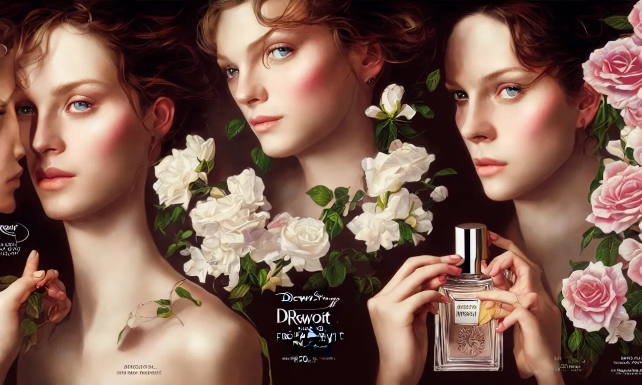 Prompt: portrait fragrance advertising campaign by drew struzan, highly detailed