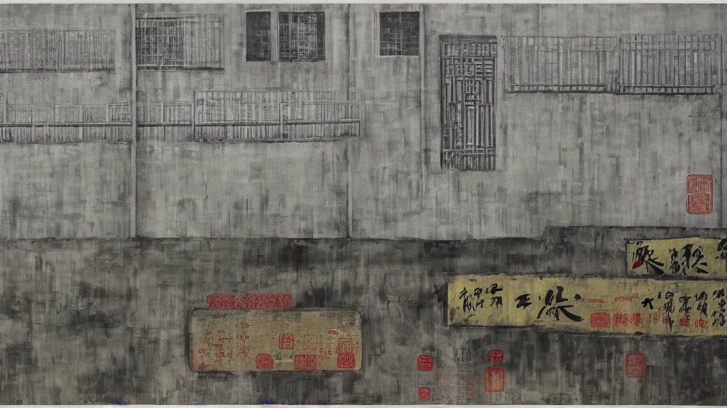 Image similar to a chinese prison near a river by peter doig, muted grey colors, overlaid with chinese adverts