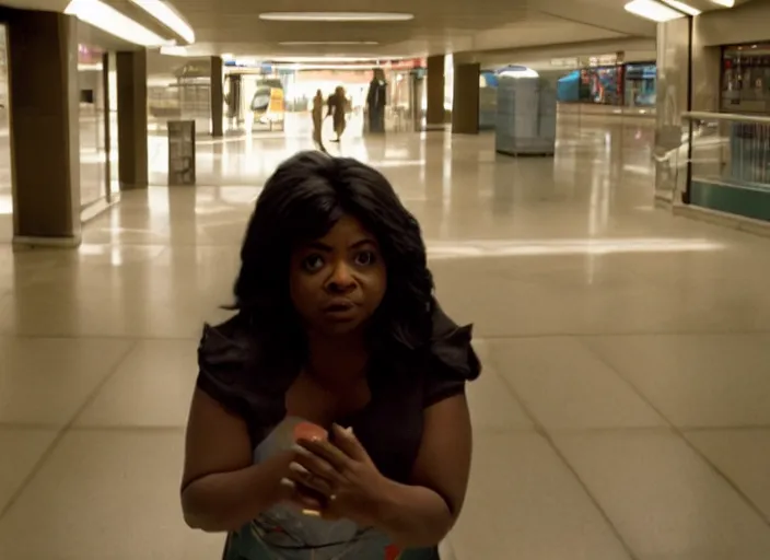 Image similar to cinematic shot of octavia spencer being chased down an escalator by walter white in a strange defunct abandoned mall, iconic scene from the paranoid thriller sci fi film directed by stanley kubrick, 2 4 mm anamorphic lens, backlit, moody strange cinematography, beautiful composition, color theory, leading lines, photorealistic, highly detailed scene moody lighting