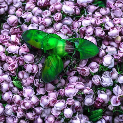 Image similar to rose chafer with quadcopter drone wings creating turbulence above rose flowers black background