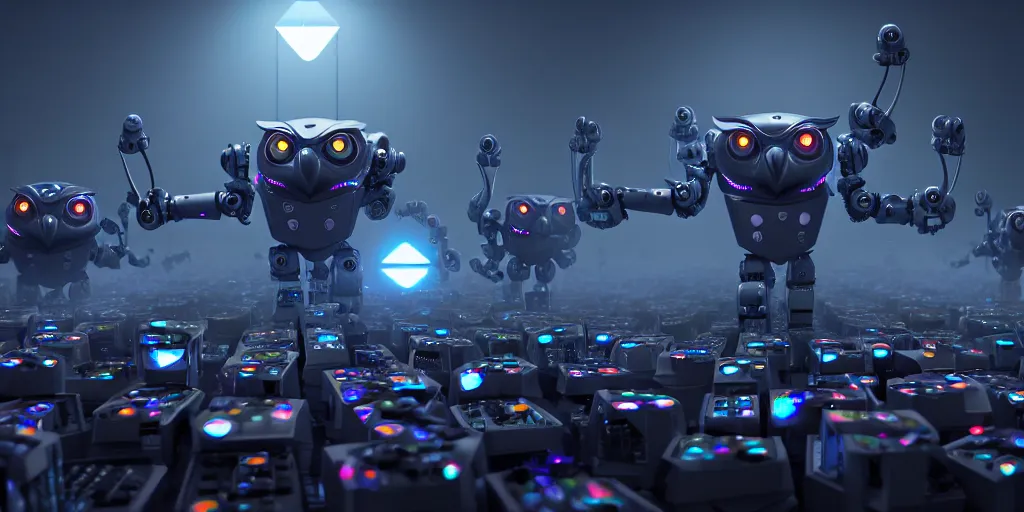 Image similar to an army of evil, malevolent, robot mechincal owls surrounded by computers and computer screens. this 4 k hd image is trending on artstation, featured on behance, well - rendered, extra crisp, features intricate detail and the style of unreal engine. volumetric lighting