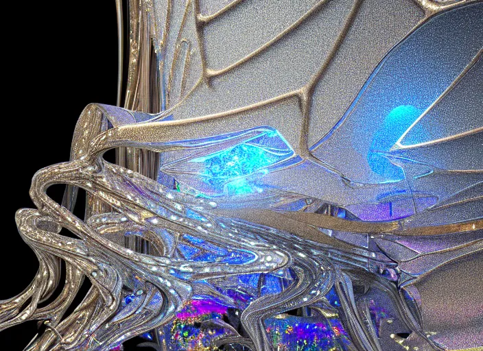 Prompt: beauteous apparition, white pearlescent, chrome, iridescent titanium, crystal, liquid gold, copper, bronze biomechanical garment, cinematic, crystalline masterpiece diamond incrustations, hyperdetailed metalwork, in volumetric soft glowing mist, full frame mirrorless sensor, movie still, octane render, pixar, crepuscular rays,