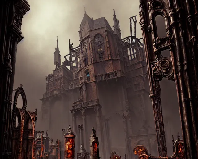 Image similar to steam necropolis, memento mori, gothic, neo - gothic, art nouveau, hyperdetailed copper patina medieval icon, stefan morrell, philippe druillet, ralph mcquarrie, concept art, steampunk, unreal engine, detailed intricate environment, octane render, moody atmospherics, volumetric lighting, ultrasharp, ominous, otherworldly