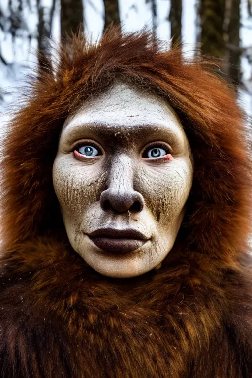 Prompt: a professional portrait photo of a neanderthal woman in the forest in winter, mud on face, black stripe painted side to side across her eyes, ginger hair and fur, extremely high fidelity, natural lighting, still from the movie clan of the cave bear