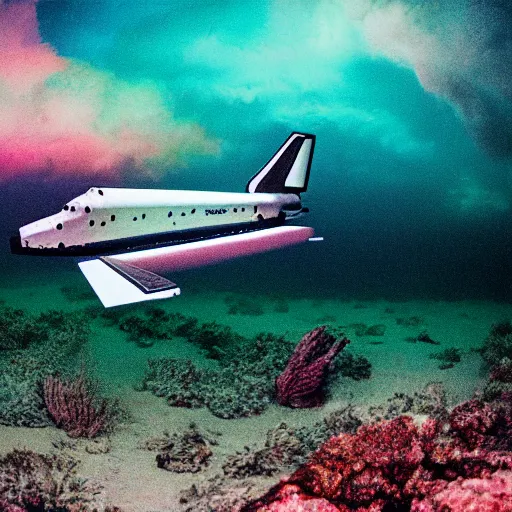 Image similar to dreamlike film photography of a 1800s wooden space shuttle at night underwater in front of colourful underwater clouds by Kim Keever. In the foreground floats a seasnake. low shutter speed, 35mm