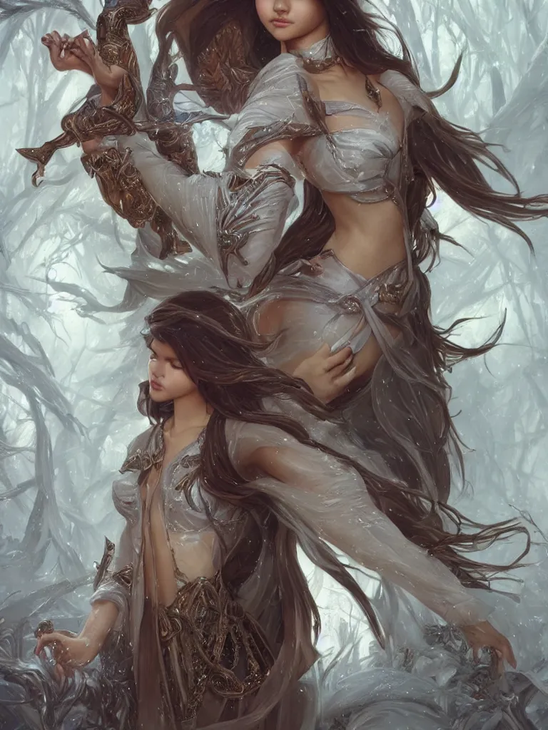 Image similar to Selena Gomez casting an frost spell, D&D, fantasy, intricate, elegant, highly detailed, digital painting, artstation, concept art, matte, sharp focus, illustration, hearthstone, art by Artgerm and Greg Rutkowski and Alphonse Mucha