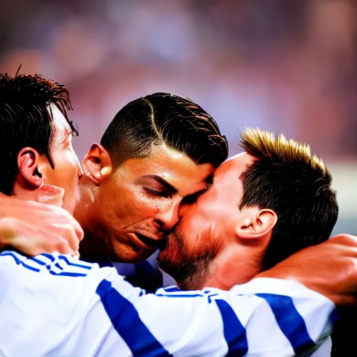 Image similar to christiano ronaldo crying while kissing leo messi's head. high definition. photography. high resolution