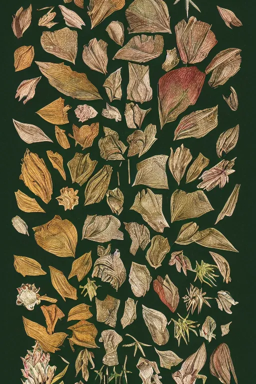 Prompt: scan of the flower petals of an old cursed herbarium by tim white, infographic, textbook, marginalia, cursed, alien, plant specimens, hortorium, scientific study