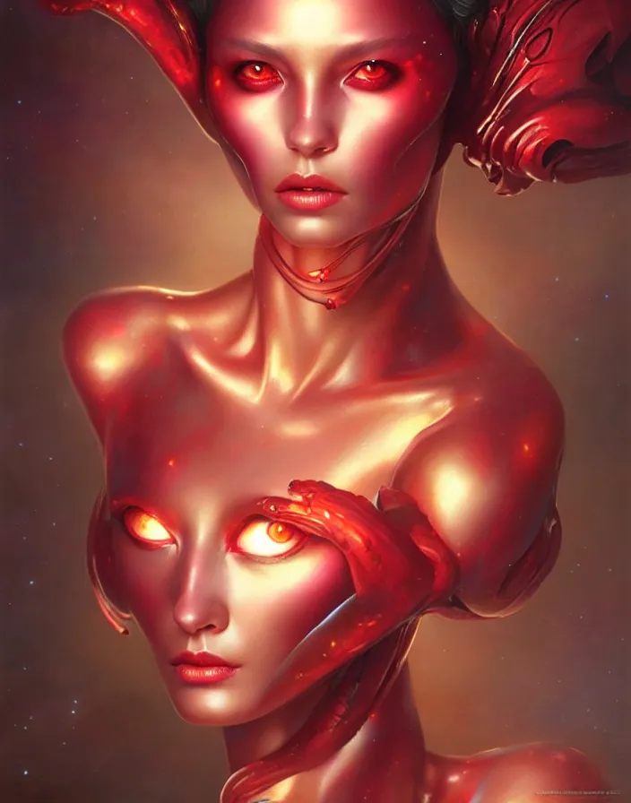 Image similar to a beautiful alien woman with ruby skin, painted by artgerm and tom bagshaw, fantasy art, dramatic lighting, highly detailed oil painting