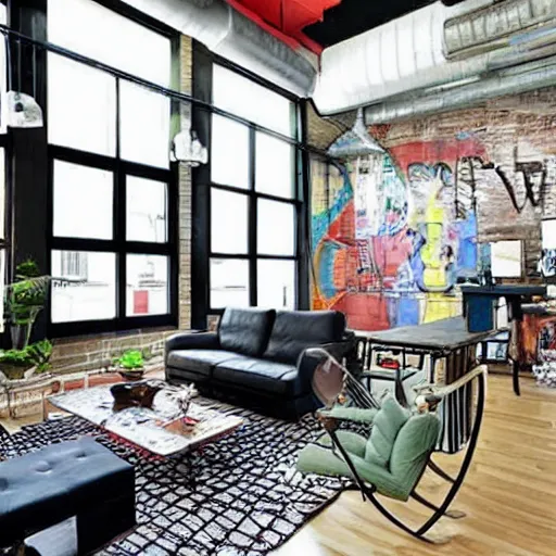 Image similar to trendy downtown loft with contemporary murals on the wall, modern textures, and patterns, interior design, gorgeous architecture