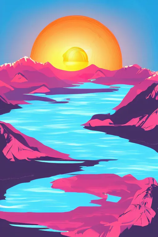 Prompt: sunrise mountain water vector illustration digital art trending on artstation