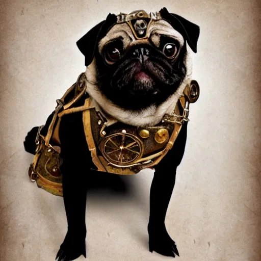 Image similar to photo of a pug dressed in steampunk gear.