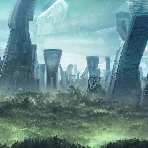 Prompt: a sprawling city landscape, overgrown, alien planet, high rises, oblong formations, crooked angles, uhd, 8 k, digital art, award winning,