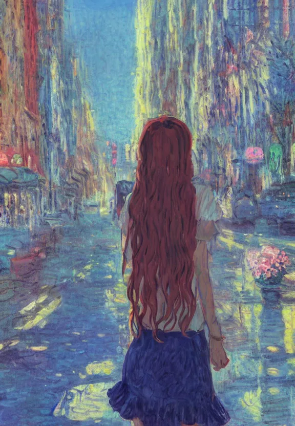 Image similar to wide angle portrait of a teenage girl, a thrifty outfit, very anime in impressionist style, city background, anime trending artwork, anime painter studio, by claude monet