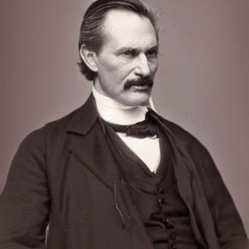 Image similar to old time photo of a doctor from 1 8 0 0 s, wearing his hair brushed back, slim and stern looking
