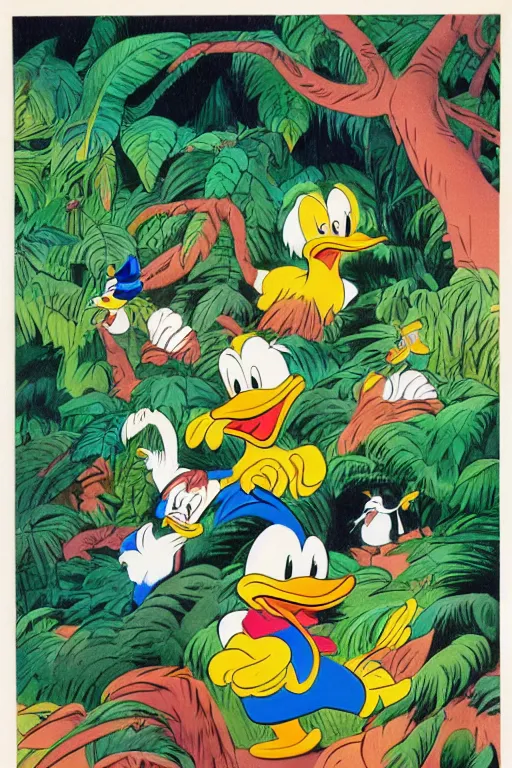 Prompt: donald ducks and friend adventure in the jungle by carl barks