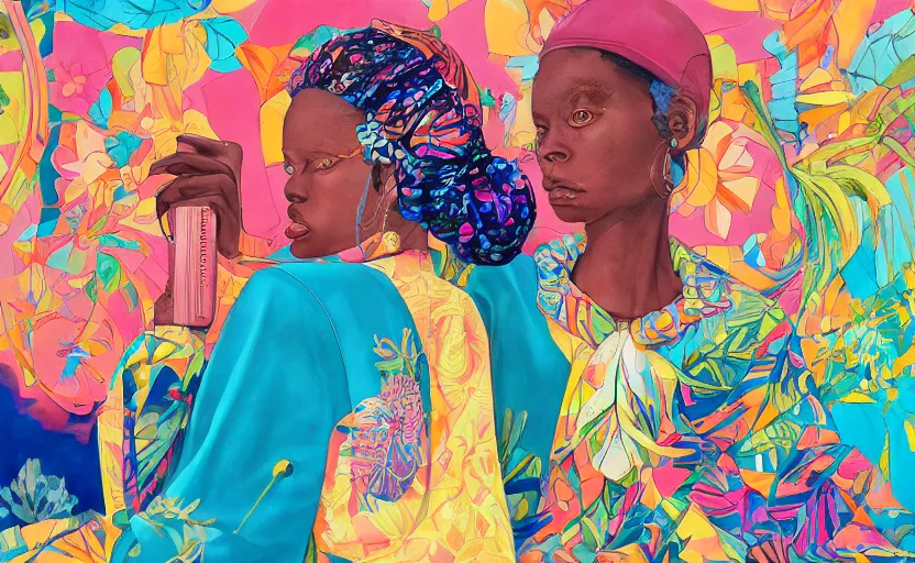 Image similar to beautiful painting of sunny hiphop solarpunk summertime chill, by martine johanna, njideka akunyili crosby, rossdraws. trending on artstation, 8 k, masterpiece, graffiti paint, fine detail, full of color, intricate detail, golden ratio illustration