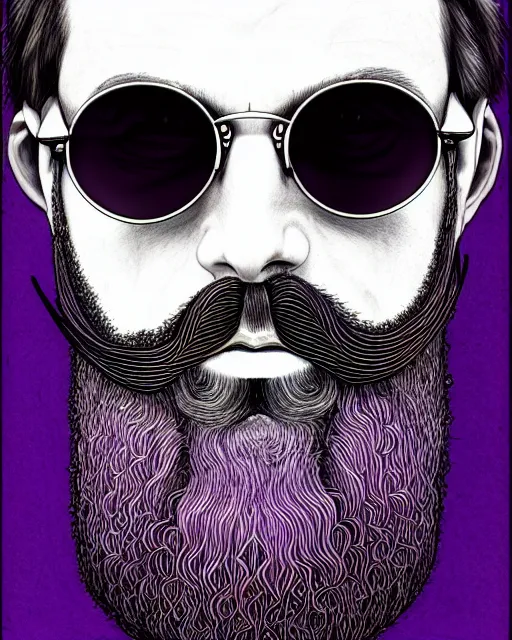 Prompt: detailed hipster skinny man with sunglasses, long purple colored beard, dmt, by james gurney + intricate and vibrant work + portrait + trending on artstation + incredible gothic illustration + exquisite detail