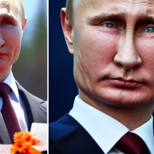 Image similar to putin teams up with a mysterious teenage putin, perfect faces