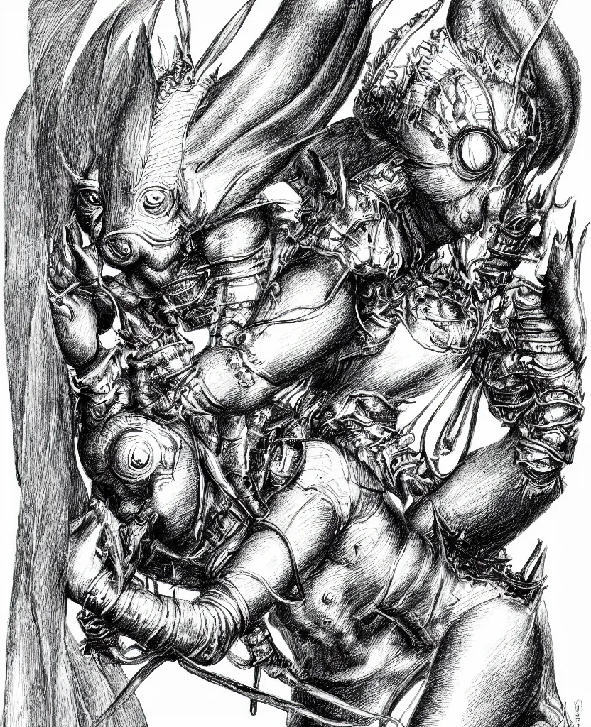 Prompt: line art pencil drawing of medieval half insect half woman chimera, very exaggerated fisheye perspective, art by shinichi sakamoto and kentaro miura