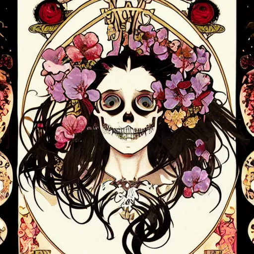 Prompt: anime manga skull portrait woman hair floral details comic skeleton illustration style by Alphonse Mucha and James Jean and Sainer Etam pop art nouveau