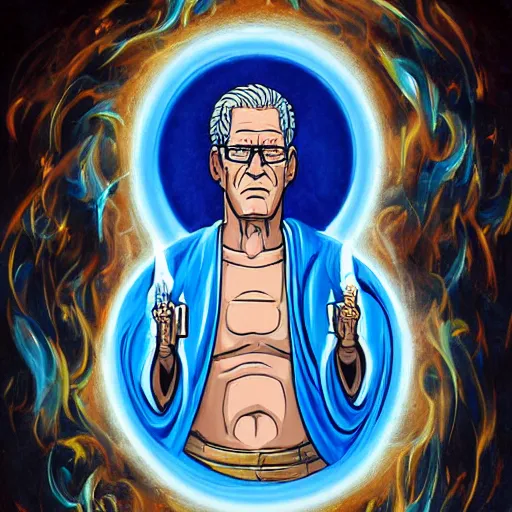 Image similar to hank hill as the saint of propane, white tshirt, blue jeans, surrounded by blue fire, surrounded by blue flames, renaissance religious painting, late gothic religious paintings, byzantine religious art, trending on artstation