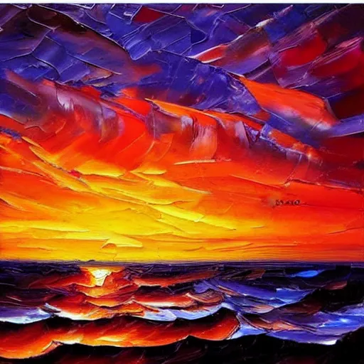 Image similar to an impasto oil painting of a stunning, colorful sunset painted by ken hong leung