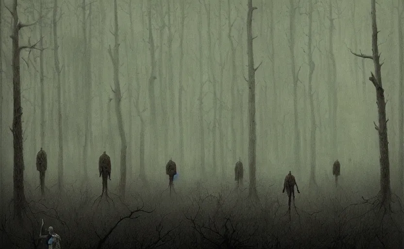 Prompt: people camping in a forest of nightmares by Beksinski, 4k, masterpiece