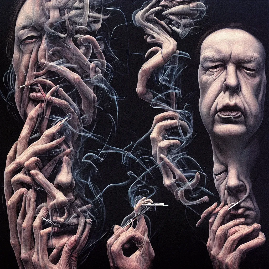 Image similar to portrait of bill hicks smoking in the style of hans giger, alex grey, lynchian atmosphere, film noir, concept art, art by kuvshinov ilya and zdislav beksinski and wayne barlowe