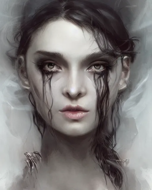 Prompt: portrait of demon girl, dreamy and ethereal, expressive pose, big black eyes, exciting expression, fantasy, intricate, elegant, dark and moody smoke, highly detailed, digital painting, artstation, concept art, smooth, sharp focus, illustration, art by nekro borja, artgerm and greg rutkowski and ( alphonse mucha )