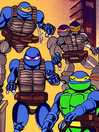 Prompt: full - color 1 9 8 5 anime illustration of the ninja turtles fighting against the terminator endoskeleton inside the cluttered cyberdyne lab. highly - detailed professional art ; high - resolution.