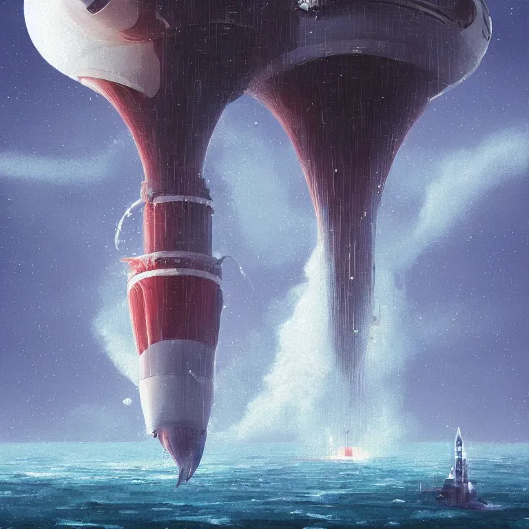 Image similar to round mechanical spaceship nautilus dripping wet emerging from a the ocean, launching to space, big booster rocket engines, sci - fi concept art, by john harris, by simon stalenhag, stunning, award winning