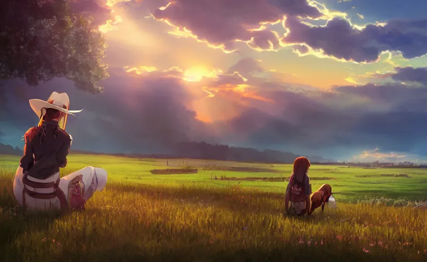 Image similar to a cowgirl watching the sunset peacefully over her farm, anime concept art, anime scenery, anime still, 4k