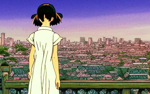 Prompt: a girl looking in a massive city with ancient japanese architecture, wide shot from behind, art by hayao miyazaki, studio ghibli film, hi res, 4k