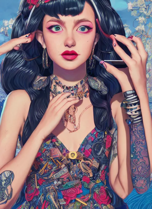 Image similar to portrait of alexis rose from schitts creek applying lipstick, wearing a stylish dress and matching jewlery, by dan mumford, yusuke murata, makoto shinkai, ross tran, cosmic, intricate detail, cinematic, 8 k, cel shaded, unreal engine, featured on artstation, pixiv