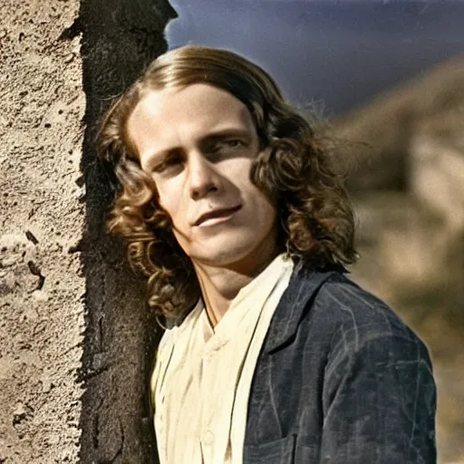 Image similar to Still of a color movie set in the 1930s where a young man with long hair is backed against a stone wall looking utterly panicked and distressed