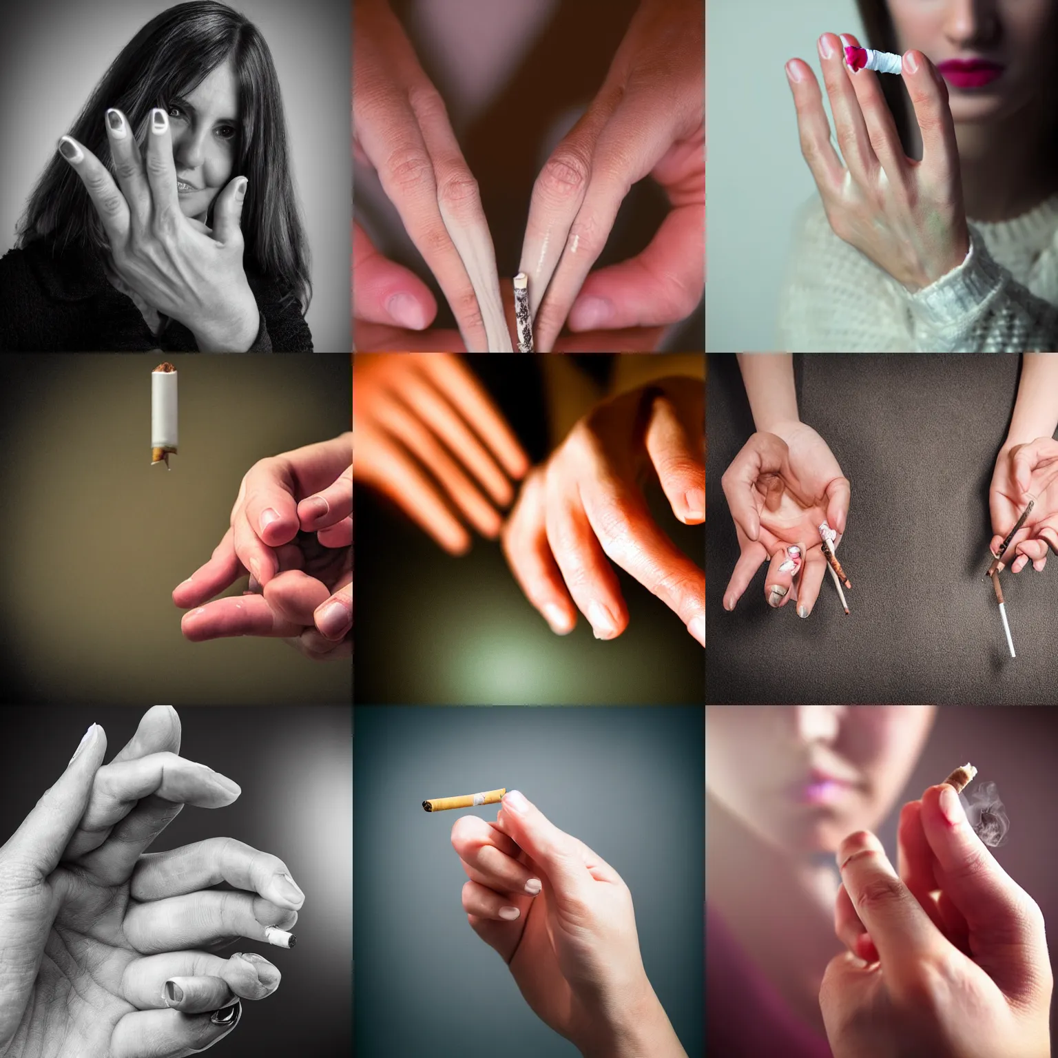 Prompt: professional portrait of woman hand, hand holding lit cigarette, hand have 5 fingers, perfect, award winning photo, sharp focus, hdr, caustic lights, volumetric lighting, atmospheric lighting