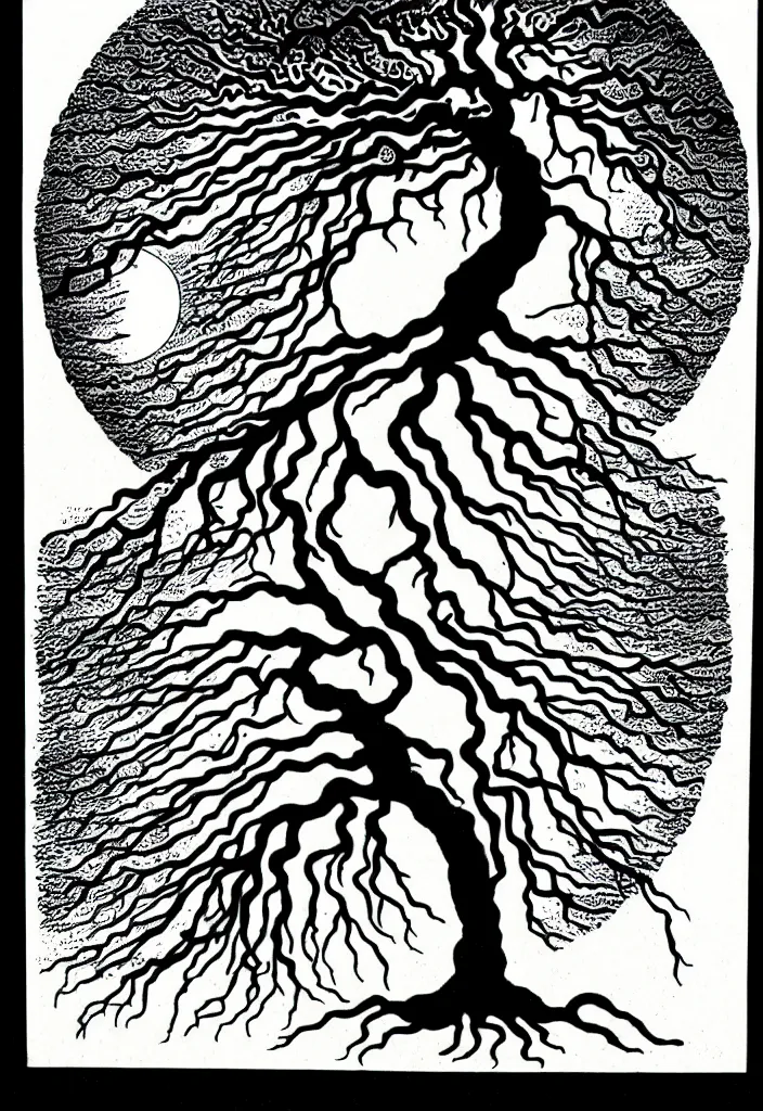 Image similar to prompt: white Bonsai tree roots merging into big moon drawn by Salvador Dali, Japanese woodblock print style, white moon and black background, clean ink detailed line drawing, intricate detail, manga 1990