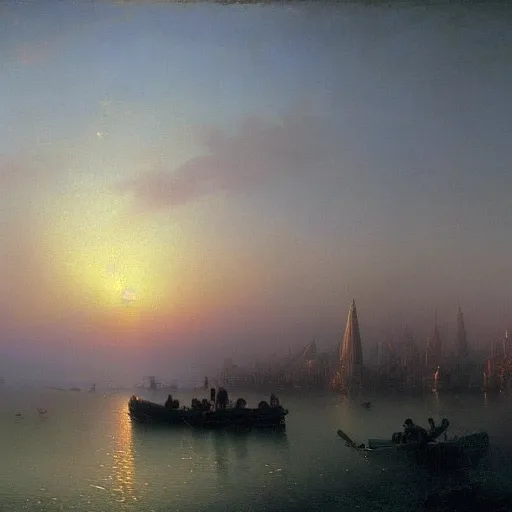 Image similar to a sunset overlooking a utopian city, by ivan aivazovsky