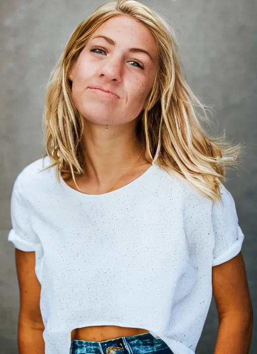 Image similar to Portrait Photography closeup of a Blonde Girl, Young Beautiful Face, Green Eyes, Freckles, Wearing a white crop-top and jeans, with a subtle smile, Epic, Charming, Character, trending on 500px