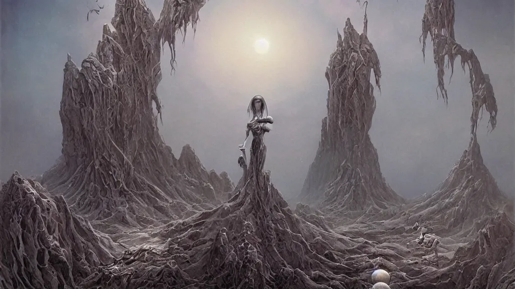 Image similar to eerie atmospheric evolving alien planet by gerald brom and glenn barr, epic cinematic matte painting