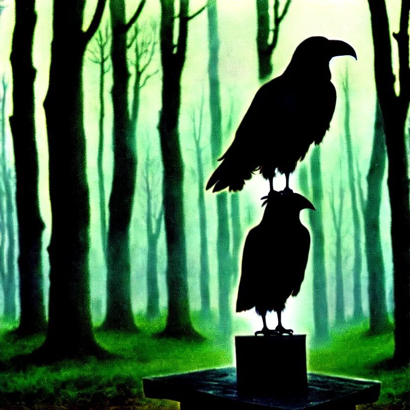 Prompt: a Raven standing on human skull on a table in a foggy forest, by Casey Baugh, Steve Caldwell, Gottfried Helnwein, and Artgerm, sharp focus, 8k resolution, masterpiece work, pristine condition film still from 1980