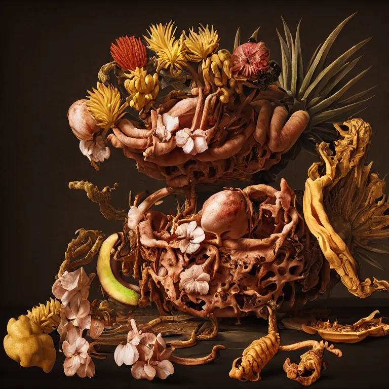 Image similar to still life of rotten flesh, beautiful tropical flowers, human spine, tropical fruit baroque painting, beautiful detailed intricate insanely detailed octane render, 8K artistic photography, photorealistic, chiaroscuro, Raphael, Caravaggio