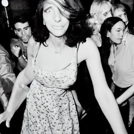 Prompt: Constance LaCroix brunette in her 20s fashionable French petite woman dancing in a busy French disco, 35mm lens photograph, 2016