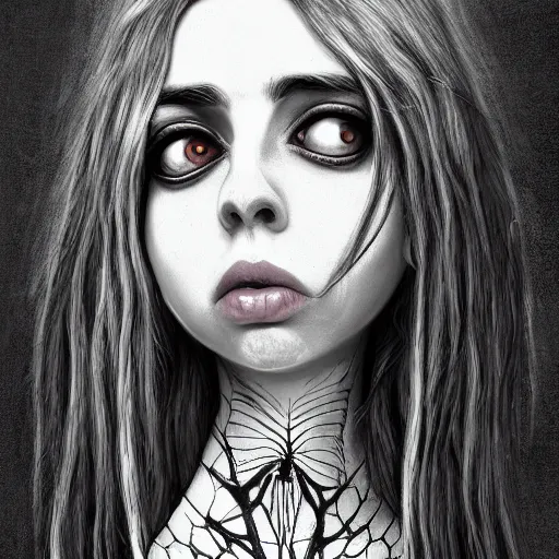 Image similar to michael karcz grunge drawing of billie eilish. , in the style of corpse bride, loony toons style, horror themed, detailed, elegant, intricate, trending on artstation, 4k