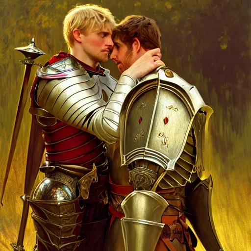 Image similar to attractive arthur pendragon and his attractive male knight, they are in love, natural lighting, path traced, highly detailed, high quality, digital painting, by gaston bussiere, craig mullins, alphonse mucha j. c. leyendecker