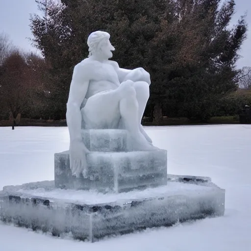 Prompt: ice sculpture of acient greek statue, outdoors, snowy, realism