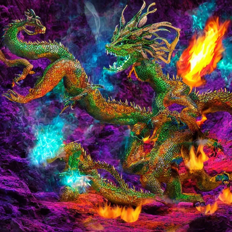 Image similar to a 3d artistic photo of a cave dragon blowing fire using its mouth to the sparkly colorful crystals in the cave